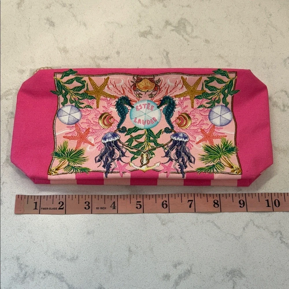 Estee Lauder Vibrant Pink Seahorse Coastal Beach Multicolor Cosmetic Bag NWOT‎